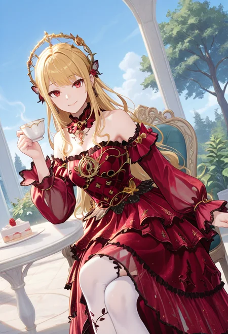 1girl, solo, anime coloring, anime artwork, unholy-aesthetic, masterpiece, best quality, newest, absurdres, highres, safe, CG, cinematic lighting, natural shadow, highest detail, detailed background, intricate scenery, depth of field, insane details, intricate, subsurface scattering, very aesthetic, serene atmosphere, artistic rendering, dramatic contrast, luminous elements, soft painterly texture, striking visual design, finely detailed face, beautiful face, dutch angle, cinematic angle, from front, looking at viewer, safe, sfw,
garden, table, chair, tree, potted plant,
day, blue sky,
cake, tea, (holding cup:1.3), happy smile, crossed legs,
sitting, sitting on chair,
<lora:kaelaIL:0.55> kaelaIL, long hair, red eyes, blonde hair, tsurime,
<lora:wishfulaurosaXLNAI:1.2> wishful aurosa,dress,earrings,see-through sleeves,detached sleeves,strapless dress,dress flower,white thighhighs,print thighhighs,frilled dress,see-through dress, red dress