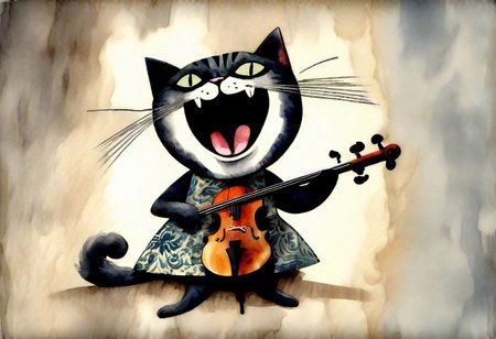 A cat in a brocade dress playing the cello, (screaming expression:1.3), whimsical meets mixed media collage, on a complex sketch sheet, against a grunge ash gray and jasper background, watercolor wash,  complex pose, bold high quality, expressive, watercolour,primary but complimentary  colours ,Outcast ,, 8k , tilt shift, surreal lowbrow art style,