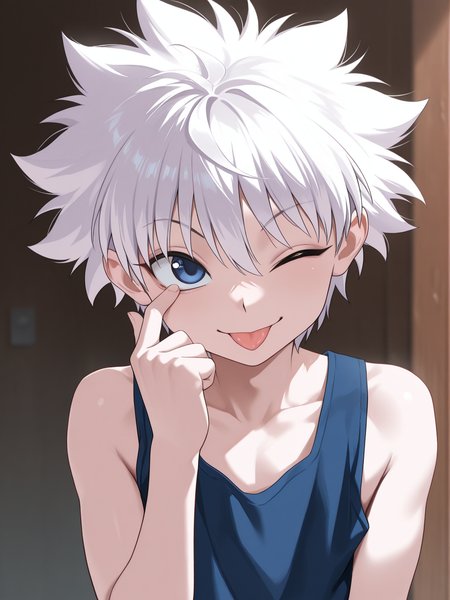 masterpiece, best quality, amazing quality, 1boy, solo,  <lora:IlluKillua:1> illukillua, white hair, blue eyes, upper body, tank top, tongue out, (akanbe:2), smile, eyelid pull, left eye closed