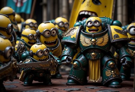 space marine. A double-eyed Minion dressed in battle-worn Space Marine armor, chipped but proudly showing Minion insignia and banana-themed purity seals. The Minion is without a helmet (no helmet:2.0), showcasing their iconic Minion goggles, expressive eyes, and wide smile. The Minion is wielding a massive chainsword, decorated with banana symbols and gold accents. The Minion is depicted in a scene such as: posing beside a Minion Dreadnought with a massive painted grin, both standing heroically. The Minion's expression is shouting fiercely with eyes wide, adding to the comical feel. The scene should be depicted in a colorful but gritty Warhammer 40k style, with bright yellows and blues to emphasize the Minionsâ classic color scheme. The armor and weapons are detailed with ornate designs, but humor is maintained through Minion-themed accessories and comical touches. Witty details include: a small Minion carrying an oversized banner, visibly struggling to keep it upright. Background elements should resemble classic Warhammer 40k settings but with a humorous Minion twist, such as: an Imperial Knight with a giant Minion face painted on its chest, wielding an overly large foam sword for comedic effect. , <lora:sm2.safetensors:1.0:1.0>