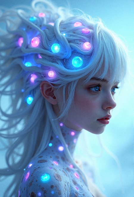 a photorealistic portrait of an ethereal entity with an intricate arrangement of tendril-like hair embedded with a multitude of glowing eyes, each one in varying shades of blue, purple, and pink. Her face should be youthful and serene, with large, luminous eyes that reflect the colors of those around her, hinting at a mystical awareness. Her hair, or tendrils, should cascade around her shoulders, possessing a smooth, almost liquid texture that shifts in color and catches the light in subtle, fluid movements. The background should be a gradient of pale blues and whites, giving the impression of an infinite, dreamlike space. Every eye embedded in her hair should be rendered with hyper-realistic detail, with the light reflections adding an eerie and captivating quality to the overall composition.


