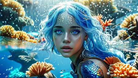 (photo of attractive sea goddess mermaid with bright light blue hair and vivid blue iridescent eyes), (indigo full plate armor), cinematic lighting, pale white skin, surrounded by a tsunami of water, underwater coral reef background with sharks, extremely wet, scenic backdrop, naturalistic, vibrant, colorful, 8k  <lora:MJ52:0.8>
