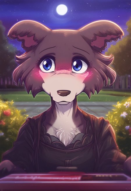 zPDXL, score_9,score_8_up,score_7_up,_up, best quality, amazing quality, masterpiece, 1girl, looking at viewer, upper_body, chocolate box, chocolate box, looking away, night, full moon, sparkles, pov, solo, cute, blush, shy face,  juno, wolf girl, animal ears, animal nose, brown fur, blue eyes, black dress, outdoors, park, flowers, contour_deepening, depth of field, huge filesize, blurry background, good_hands, Expressiveh, dimwitdog