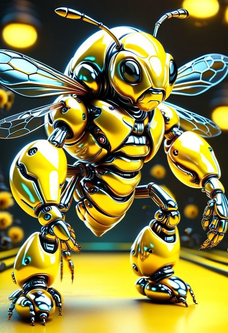 robot, Jed-Rbmls, faceless, mouthless, holding bumblebee, insect caretaker, nuturing, mechanical arms, robot antennae, glowing yellow eyes, shiny metallic body, ais-metalz, (holding soft fuzzy bee, bumblebee wings),close-up, sci-fi background, dim neon lights, dramatic theme, scary environment, 3d render, photorealistic, high detail, 
BREAK
 black and yellow insect, fuzzy bee, science fiction, cybernetics, macro photography, contrast organic and mechanical,