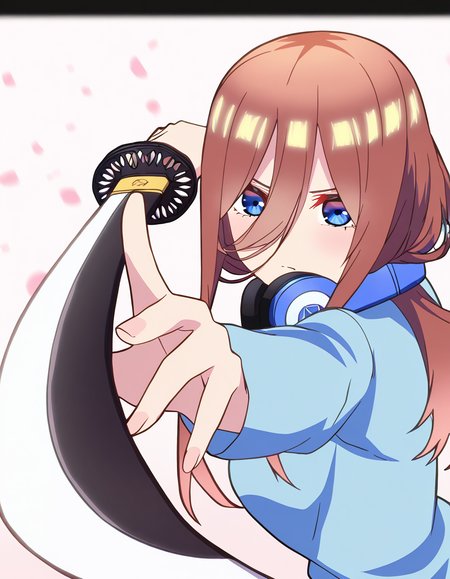 masterpiece, best quality, newest, absurdres, highres, safe,, <lora:miku-nakano-s2-ponyxl-lora-nochekaiser:1>, miku nakano, long hair, bangs, blue eyes, brown hair, hair between eyes, headphones, headphones around neck, large breasts, anime screencap, <lora:gatotsu-stance-illustriousxl-lora-nochekaiser:1>, gatotsu stance, weapon, sword, katana, holding weapon, holding, holding sword, foreshortening, japanese clothes, kimono, looking at viewer,, ,