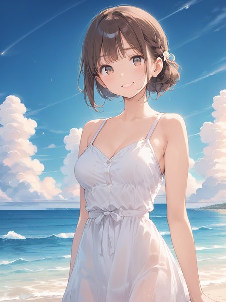 abs zPDXL, score_9, score_8_up, score_7_up, source_anime, rating_questionable, best quality, masterpiece, 4k, perfect lighting,  BREAK 1girl, cpp_dice,  brown hair, medium breasts, white sundress, smile, beach, ocean, <lora:cpp_dice-000146:0.6>   <lora:half up braid_pony_V1.0:0.6> half up braid  <lora:granblue_fantasy_v2:0.2> gbfpxnl <lora:anmiXLP6lokrV3236F8:0.2>