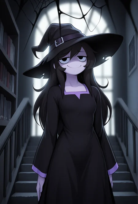 masterpiece,best quality,amazing quality, <lora:rosemary_cabronpr_illustrious_v1f:0.75> rosemary, 1girl, solo, black eyes, no nose, long hair, bags under eyes, smug, jitome, witch hat, witch, looking at viewer, shaded face, BREAK
(depth of field:1.3), black dress, purple trim, haunted mansion, cobwebs, spider web, stairs, railing, bookshelf, dark, low lighting, dim lighting, crepuscular rays, (colored skin:0.7) <lora:marblesoda_style_illustrious_v1f:0.8> marblesodastyle