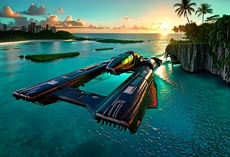 a dark blue (WipEout anti-gravity craft), (split-front:1.3),  flare, that has landed in the waters of a lagoon, floating in the sea, tropical island, blue sky, sunset, sharp, high detailed, realistic, sleek, scifi
