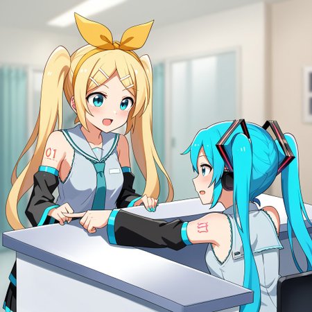 score_8, score_8_up, score_7_up, 2girls, female focus, lo_su_tu, BREAK Hatsune Miku, aqua hair, twintails, aqua eyes, necktie, collared shirt, sleeveless, detached sleeves, shoulder tattoo, open mouth, hands on table, looking at another BREAK kagamine rin, blonde hair, sleeveless shirt, sailor collar, detached sleeves, shoulder tattoo, from behind, sitting, chair, pointing, pointing to the side, BREAK counter, indoors, hospital, blurry background, photo background,