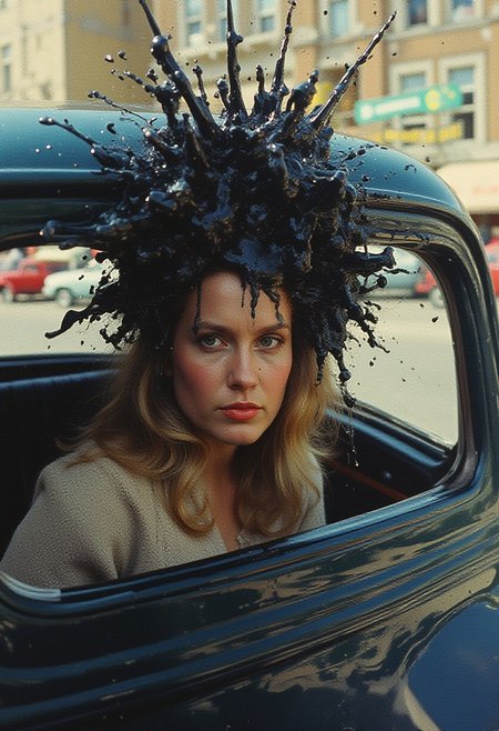 Anthony Thieme Style, Cinematic, Realism, Film Still, High Quality,
Epic 1980s vintage photograph of a woman's face splattered across a car window, her (((head explodes into black liquid: 1.5))) and disintegrates into black liquid fragments, motion blur, cinematic, Kodak Tri-X35mm, 50mm, sharp, wide angle lens