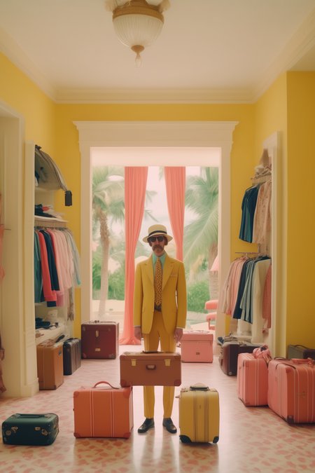 <lora:Director Wes Anderson style:1>Director Wes Anderson style - a shot from  movie, 3 monkeys wearing Balenciaga swim shorts, packing suitcases in luxury villa room full of clothes, photographed on Phase One camera system and 35 mm lens from distance,