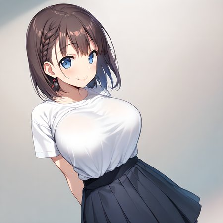 ai-chan(tawawa), 1girl, solo, breasts, braid, skirt, brown hair, large breasts, smile, short hair, shirt, looking at viewer, arms behind back, blue eyes, side braid, white shirt <lora:XL-Ai-chan(Tawawa):1>