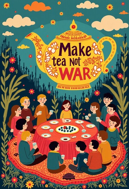 magical eastern_ethnic avant-garde poster with florid friendly flowing text reads "Make tea not war", juxtaposed unified happy gathering, joyfully laughing around table drinking tea, in world of desolate devastation rubble,
exuberant picnic feast diverse gathering of people of all ethnicities, surrounding tea party picnic blanket full of tea and cakes, unifying teapot with stylized motif