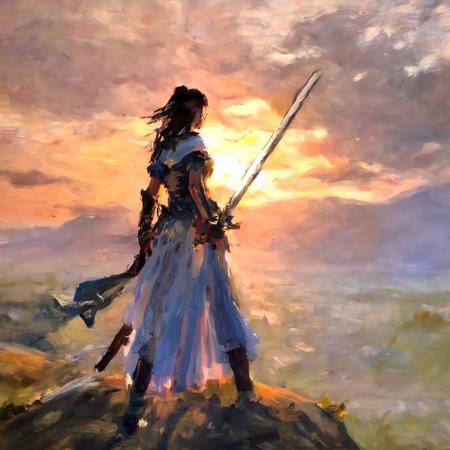 artmix01 beautiful girl warrior with sword standing on the hill at sunrise, very detailed<lora:artmix01:1>