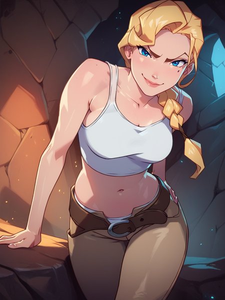 score_9, score_8_up, score_7_up, 1girl, sexy pose, leaning forward, evil smile, cavern, rocks, detailed background, detailed background, looking at viewer, cowboy shot, (dynamic pose:1.1), dynamic angle, from below, closed mouth, 
 <lora:HelgaSinclair_character:1>,HelgaXLP, blue eyes, blonde hair, single braid, mole under eye, white tank top, navel, belt, brown pants,  <lora:KajinmanLycoXL:0.7>