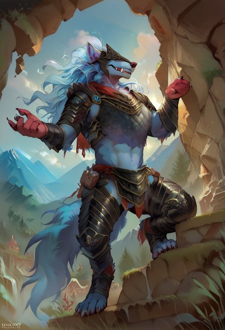 Expressiveh, TrailH,, score_9, score_8_up, score_7_up ,score_6_up, solo, , r (anthro  lean body, score_9, score_8_up, score_7_up ),male,  masterpiecemale, score_9, score_8_up, score_7_up, (best quality:1.1), ultra-detailed, high resolution, 8k, wearing Fel(CHARACTER), Fenrir(CHARACTER), wolf, maned wolf, blue fur, blue body, wolf ears, tail, fluffy tail, red glove like pattern, red sock like pattern, light blue underbelly, green eyes, 2 eyes, anthro, no humans, furry, (Male Anthro Wolf:1.5), ,vibrant, ((full body)),  score_9, score_8_up, score_7_up, zPDXL, OverallDetail, masterpiece, 8k, (highres:1.3), (detailed background, male, canine, solo, anthro, wolf furry, (flowing hair), smirk, maliketh (elden ring), helmet, (((masterpiece ((armor, intricate armor, black armor with gold accents, full body armor, topwear, arms at sides, short black waistcloak, large helmet, beautiful deatils, cinematic lighting, rocks, mountain in close background, high altitude)), high res, 8k, detailed body, sharp focus, hdr, eyes covered, eyes covered by helmet, standing, outdoors, (mature), (visible tail), 5 fingers, visible tail, adult, chin fluff, masculine, (((mountains, dynamic lighting, facing viewer, front view low angle))), (muscular, dominant male, toned, big muscles), ((standing on top of a mountain)), neck tuft, neck fluff, tufted fur, fur tuft, inner ear fluff, detailed ambient lighting, dark fantasy, masculine pose, fangs, midriff <lora:MalikethFRL27nO:0.8>,0.4:DE>,