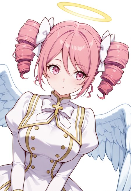 Smooth Quality,masterpiece,very intricate, high quality details, ultra realistic, high detailed skin,detailed enviorement,absurdres,
shaka sign,
 <lora:Pino_CNR:0.8> pino_cnr, 1girl, pink hair, short hair, twintails, drill hair, pink eyes, large breasts,pino_cnr_def, white dress,white bow, hair bow, hair ribbon, cross,long sleeves, juliet sleeves, halo, angel wings,, aroused,, simple background, white background, dutch angle,solo,