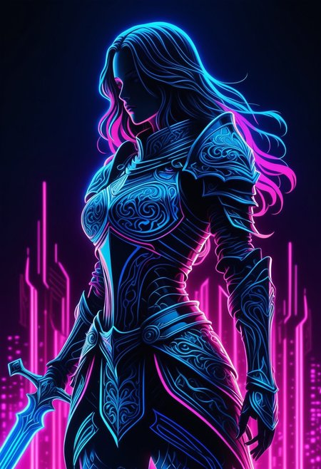 intricate design, dark background, detailed anime image, vibrant, neon blue and pink tones, female rpg knight, long hair, silhouetted in neon light
