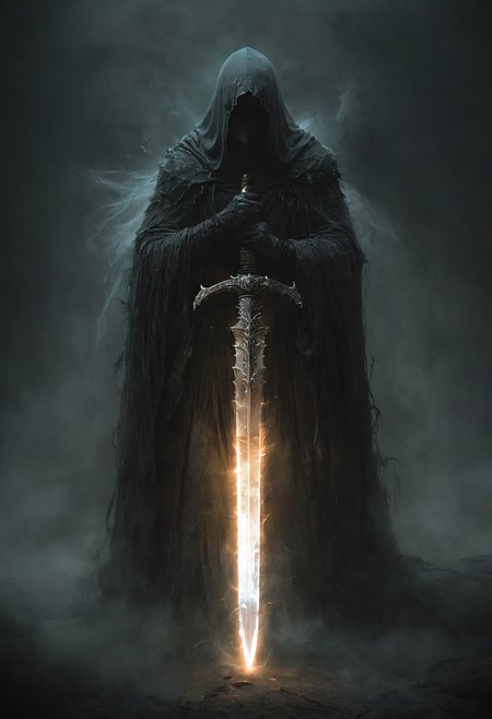 1man, full body, cloaked, tattered robe, hooded, hidden face, mist, intense, fantasy knight, holding a glowing giant sword, both hands on sword handle, sword in center, planted sword, resting, epic, shining, dark, black background, ethereal light, <lora:MJ52:0.4>, <lora:- SDXL - vanta-black_contrast_V3.0:1> <lora:sdxl_lora_beksinski:0.5>