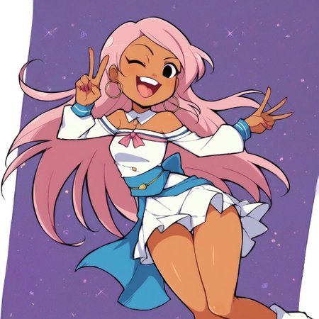 score_9, score_8_up, score_7_up, ng_deepnegative_v1_75t, Casey, dark skinned, long hair, black eyes, hoop earring, blue ninjasuit, wide hips, hipsway,yaegashi nan, senran kagura,  1girl, solo, wink, cute pose, peace sign