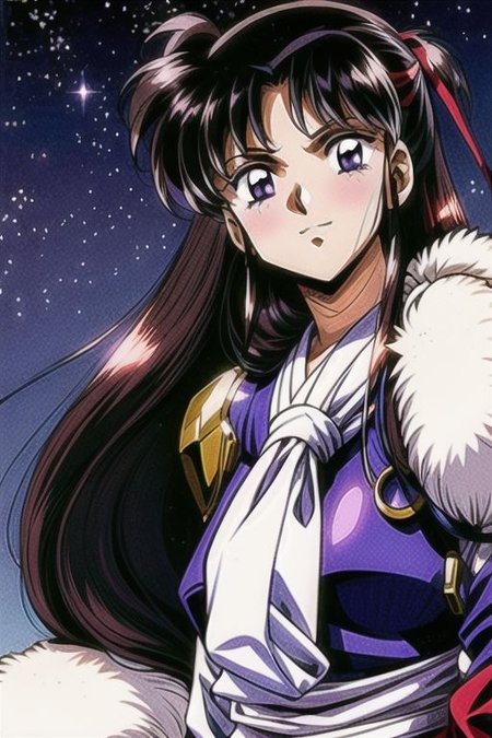 best quality 1girl Setsun4 solo long hair,  (night time) forest background black hair very long hair purple eyes multicolored hair armor, small, (fur trim) (medium body),<lora:EMS-179-EMS:0.800000>,<lora:EMS-293862-EMS:0.800000> bow, hair_bow, hair_tubes, red_bow, brown_hair, long_hair, bangs, ascot, frilled_bow, yellow_ascot, blush, smile, hair_between_eyes, athletic, armor, miko,  Smiling, happy,