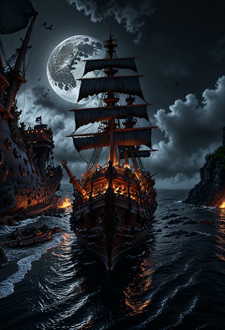 A pirate ship featuring many cannons and a black flag sailing in lava sea, moon is seen in background, hyper realistic, 8k, incredible, beautiful, frightening
 <lora:MJ52_v1.3:0.3> <lora:aesthetic:1.50> aesthetic  <lora:great_lighting:1.50> great lighting  <lora:sd_xl_dpo_lora_v1:0.25>  <lora:Perfect Hands:0.5>  <lora:detailed_notrigger:1.5>  <lora:photorealistic_portrait_notrigger:1.5> <lora:clothing_slider_v19:2> <lora:RMSDXL_Enhance:0.5> <lora:RMSDXL_Creative:0.5> <lora:RMSDXL_Darkness_Cinema:0.5> <lora:RMSDXL_Photo:0.5> <lora:xl_more_art-full_v1:0.3>