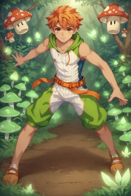 score_9, score_8_up, score_7_up, , rating_safe, intricate details, , , , 1boy, solo, male focus, <lora:jirou_camp_buddy_pony:0.92>, jirou_camp_buddy, orange hair, orange eyes, , enchanted forest, glowing plants, fairy lights, mushroom circles, exploring pose, wonder expression, twilight, , <lora:sdxl_lightning_8step_lora:1>