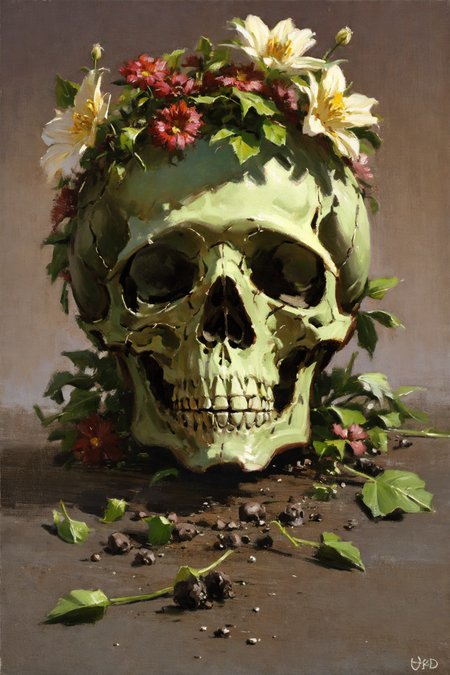 oil painting, a skull with a flowers growing from it, sharp detailing, masterpiece, 8k, HDR, best quality, detailed skin, extremely detailed, detailed shadows, shading, <lora:GoodHands-beta2:1>