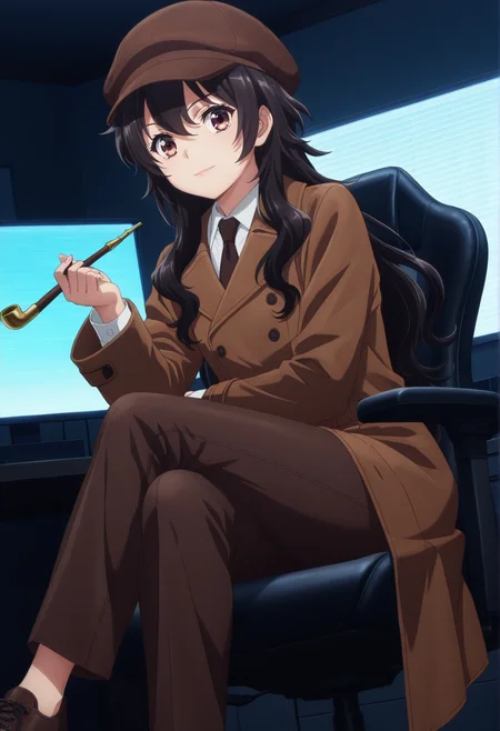 masterpiece, best quality,  absurdres, highres, cinematic light, 1girl, solo, <lora:takao_ameku:1> takao_wz, long hair, black hair, brown eyes, sherlock holmes \(cosplay\), brown coat, brown hat, smoking pipe, brown pants, shoes, sitting, gaming chair, indoors, room, monitor, looking at viewer, light smile, crossed legs, black theme, dynamic angle,  <lora:anime_screencap-Illustrious_1064755:1> anime screencap, anime coloring
