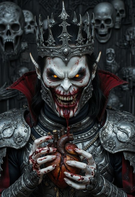 Ultra-detailed Face Closeup portrait of Count Dracula at the zenith of his monstrous glory—a sovereign of blood and shadows. His face is a masterpiece of predatory perfection: razor-sharp cheekbones cutting through the gloom, skin like polished alabaster stretched taut over immortal muscle. Twin hellfire eyes burn with the accumulated malice of six centuries, their crimson glow casting jagged reflections across his (blackened silver pauldrons:1.4). A crown of fused vertebrae and impaled saints rests upon his brow, each bone fragment whispering forgotten curses.
His mouth is a wound of perfect violence—lips black as a hanged man's tongue part to reveal fangs that drip with a slow, deliberate venom. The air around him roils with (coagulated blood-mist:1.5), swirling in vortex patterns as if the very atmosphere kneels before him. His armored gorget is carved with scenes of massacres, the grooves packed with centuries-old ash. One gauntleted hand crushes a still-beating heart, its arteries dangling like puppet strings, while the other grips a flayed corpse's spine as a scepter.
Behind him, a cathedral of writhing shadows arches upward—ribs of a long-dead god repurposed as his throne. (Screaming faces press outward from the walls:1.6), their mouths sewn shut with his hair. The floor is a mosaic of shattered holy symbols, each fragment grinding to dust beneath his boots. This isn’t a king—this is the reason graves have locks.