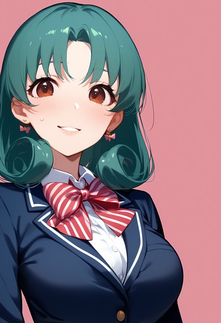 1girl,
tokugawa matsuri,


looking at viewer, bowtie, smile, school uniform, bow, green hair, solo, sweatdrop, jacket, brown eyes, breasts, earrings, hair bow, striped clothes, curly hair, blazer, white shirt, swept bangs, jewelry, large breasts, parted bangs, striped bowtie, collared shirt, striped bow, parted lips, pink background, simple background, medium hair, long sleeves, blue jacket, shirt, blush,

sfw
<lora:a31_char_new_tokugawa_matsuri-000026:1> <lora:a31_style_koni-000010:0.8>