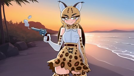 solo,1girl,mature female,mild,tall female,small breasts, 
volumetric lighting,outdoors,beach,scenery,summer,
elbow gloves, thighhighs, sleeveless shirt, print gloves, print skirt, white shirt, bowtie, bare shoulders
absurdres,ocelot \(kemono friends\), kemono friends,animal ears, extra ears, tail, cat ears, hair between eyes, yellow eyes, blonde hair, long hair, multicolored hair, brown hair, twintails, 
looking at viewer,cute,attractive,
eye contact,standing,smirk, holding revolver, smoke,
masterpiece,best quality,amazing quality,very aesthetic,newest,HDA_Masterpiece_v1.2,
<lora:Kilinah_Style_Illustrious:0.8>,kilinah,