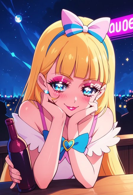 Expressiveh, score_9, score_8_up, score_7_up, score_6_up, score_5_up, score_4_up, godrays, 1girl, pose, smile, looking at viewer, hotel bar, neon, color lights, dim, night, (bent over table), face focus, sexy, ((holding a bottle of wine)), drunk, (glittering pastel clothing, glossy sparkling fabric)  makeup, long eyelashes, glossy lipstick, (soft blush), eyeshadow, hand on the cheek
(((cure nyammy, wonderful precure!))),