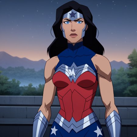 Ugly score_9_up, score_8_up, score_7_up, BREAK, DCAMU, 1girl, solo, black hair, long hair, blue eyes, sleeveless, wonder woman,  <lora:DCAMU_Style_PXL_Leaf1:1>, cowboy shot, outdoors, night,
