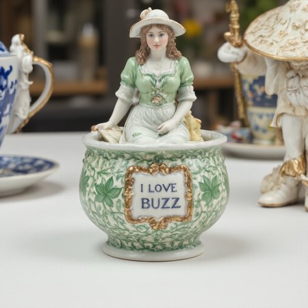 A photograph of a ceramic woman in traditional attire,wearing a hat depicted on a chamber pot surrounded by green floral and geometric patterns,with a large hat and a plaque with the inscription "I LOVE BUZZ" in the background on a white surface in the style of Delft tableware.,<lora:aidmaTableTopMiniatures:1>,aidmaTableTopMiniatures,<lora:stained-glass:1>,
