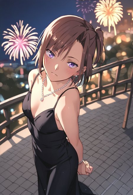<lora:kimura_risa:0.75>
score_9, score_8_up, score_7_up, score_6_up,
score_5_up, score_4_up, source_anime, 
kimura_risa, 1girl, solo, purple eyes, brown hair, one side up,
(necklace, bracelet, earrings,)0.8 
black dress, evening gown,
arms behind back, looking at viewer, upturned eyes, blush, from above,
outdoors, fireworks, night, blurry background,