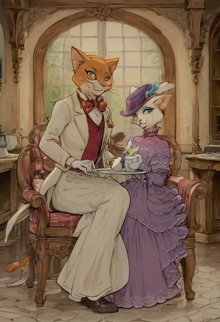 score_9, score_8_up, score_8, cute, in the style of beatrix potter, cel-shading, fca style, baroness louise, white fur, cat, female cat, blue eyes, anthro, gloves, purple hat, elegant hat, purple dress, looking at viewer, beautiful eyes, smile, 1girl, BREAK
baron humbert, ginger fur, blue eyes eyes, cat, male, anthro, suit, tuxedo, blue blow-tie, white gloves, 1boy, BREAK
duo, indoors, victorian house, sitting at chair, table, kitchen