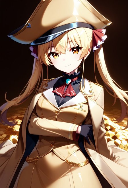 score_9, score_8_up, score_7_up, super aesthetic, rating:safe, rating:general, DeaverStyle, 1girl, solo, aua, red eyes, yellow eyes, heterochromia,  gold clothing, gold hat, fully-clothed, gloves, big coat, illustration, gold, cute, shiny skin, vivid colors, treasure room, gold treasure,