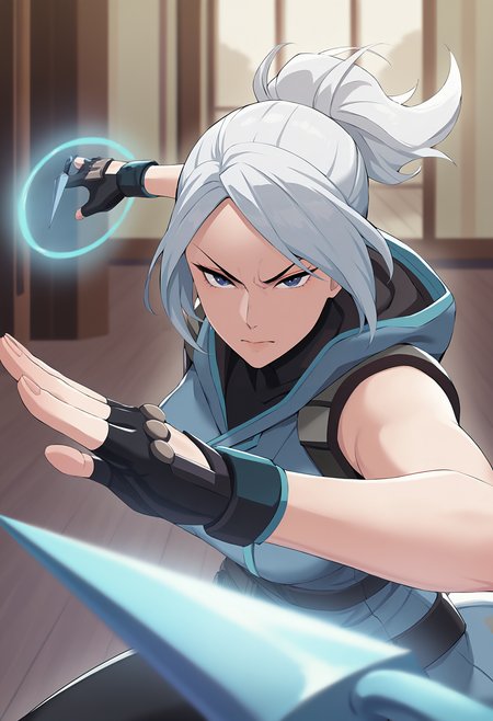 masterpiece, best quality, <lora:age_slider_v4:4>,detailed_background,indoors,hood,highres,gloves,jett \(valorant\),emiruuu,knife,floating object,jacket,serious,1girl,kunai,floating,sleeveless,weapon,blue jacket,solo,blue eyes,fingerless gloves,grey hair,hooded jacket,valorant,floating weapon,grey robe,robe