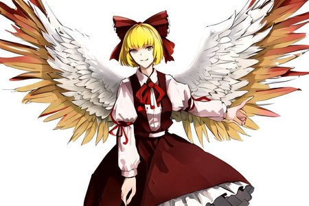 solo_focus, 1girl, ((white background, simple background)):2, (((masterpiece))), ((best quality)), ((ultra-detailed)), high resolution, absurdres, highres, ultra-detailed 8k unity wallpaper, 
solo, 1girl, gengetsu, 
arcueid_\(tsukihime\), 
solo, 1girl, smile, short_hair, shirt, breasts, blonde_hair, bow, long_sleeves, skirt, ribbon, dress, yellow_eyes, hair_bow, thighs, collared_shirt, red_bow, wings, vest, bowtie, black_pantyhose, red_vest, pink_shirt, red_bowtie, feathered_wings, pink_dress, open_vest, white_shirt_white_skirt, white_shoes, blonde_short_hair, red_head_bow_ribbon, one_piece_head_bow_ribbon, bow_ribbon, white_angel_wings, white_drees, brown_vest, wear_outside, twin_wings,