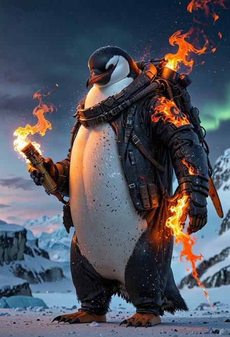 Penguin with Flamethrower: "A penguin in 8k HD, suited in Arctic combat gear, wielding a flamethrower. The background is a frozen tundra with glaciers and the northern lights in the sky."  <lora:EpicF4nta5yXL:0.8>