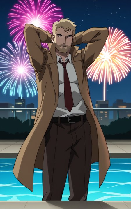 score_9, score_8_up, score_7_up, looking at viewer,  BREAK
DCAU_JL_JohnConstantine_ownwaifu, 
1boy, blonde hair, blue eyes, male focus, short hair, facial hair, mustache, 
red necktie, trench coat, white shirt, collared shirt, open coat, brown coat, belt, pants, coat, long sleeves, beard, brown jacket, formal, brown pants, popped collar, black belt, long coat
(contrapposto, arms behind head, aerial fireworks), wading, neon_lights, cityscape, night, pool, full moon, outdoors, <lora:PONYXL_DCAU_JL_JohnConstantine_ownwaifu:0.9> , depth of field, solo, Interesting Image, Captivating Image,