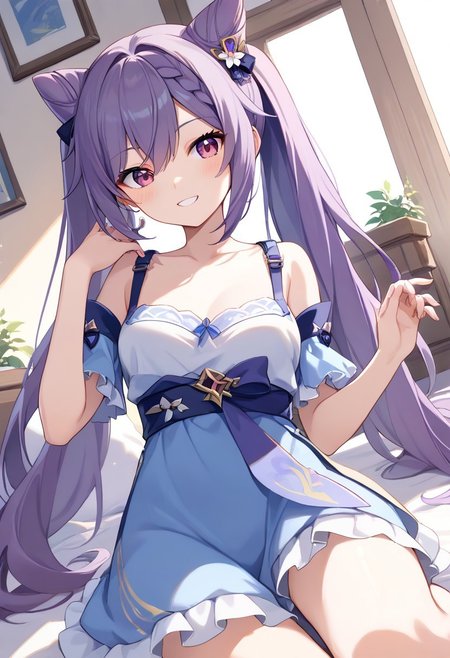 score_9, score_8_up, score_7_up, source_anime, best quality, masterpiece, 1girl, solo, smile. dutch angle, indoors,
keqingcs, purple hair, cone hair bun, purple eyes, long hair, double bun, braid, twintails,