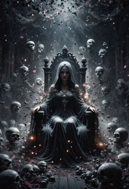 Digital art, concept art. the Queen of the Undead sits upon a Throne of skulls in a gloomy realm. Clad in dark slit toga with silver ornaments and draped in canvas hoods, she exudes both seduction and danger. Faded flowers surround her, contrasting with her chilling presence. A glowing magical circle pulsates at her feet, bending the elements to her will. Her eyes, twin orbs of ethereal radiance, convey a depth of darkness and power that warns of impending doom to all who dare oppose her. Bokeh blur. Colorful. BadDream, DEVIL SPAWN, ais-darkpartz, OverallDetail,
