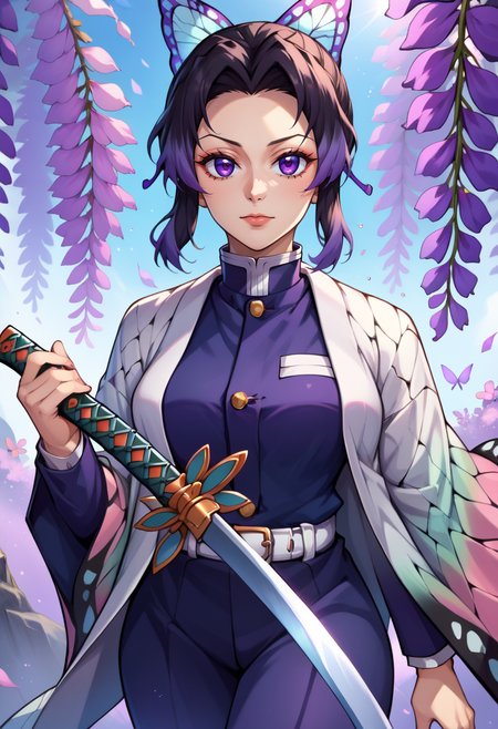 score_9, score_8_up, score_7_up, score_9, <lora:kochoushinobuSDXL:1> BREAK,  kochoushinobuSDXL, 1girl, solo, breasts, looking at viewer, short hair, bangs, black hair, hair ornament, long sleeves, holding, purple eyes, jacket, weapon, purple hair, flower, japanese clothes, belt, pants, sword, holding weapon, uniform, black jacket, parted bangs, holding sword, black pants, katana, sheath, butterfly hair ornament, haori, white belt, unsheathed, demon slayer uniform, wisteria, kochou shinobu