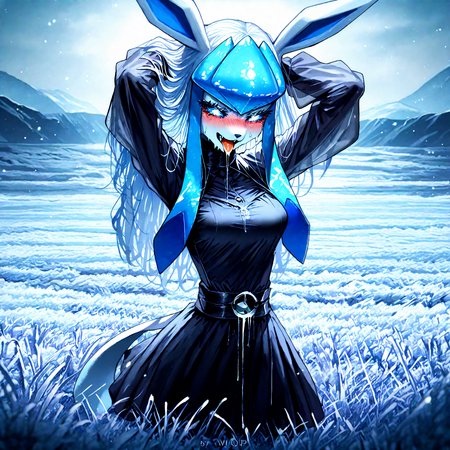 pokemon, glaceon , 1girl, ban! \(bansankan\):0.7, quasarcake:0.8, wlop:0.9, animal_ears ,animal_nose,blue_fur ,blue_hair ,blue_sclera, blue_sky ,blue skin,blue_theme, blurry, blush, body_fur, breasts,colored_sclera, cowboy_shot ,  fang, furry ,furry_female,  happy , medium breasts, looking_down , nose_blush, outdoors, personification ,pokemon_(creature),long_hair, shiny_skin ,sidelocks,sky, smile, solo ,sweat , tail ,white_eyes, long_sleeves, black_shirt ,black dress,leg_ribbon, ,
,hands behind head, arms up, squatting, tongue, tongue_out , saliva,saliva_trail ,saliva_drip ,open mouth,
snowy, snow, outdoors, field, mountain, cloudy sky, trees, fr0stwrld, ice ,
masterpiece, best quality, Good quality, very aesthetic, absurdres, newest, (Perfect details), solo,
<lora:Fr0stWrld4:0.7>, <lora:ponyv5_noobV065S_1_adamW:0.8>, <lora:illustrious_noobai_epsilon_pred_1_best_quality_v1:0.7> ,<lora:illustrious_noobai_epsilon_pred_11_very_aesthetic_v1:0.7> ,<lora:illustrious_noobai_epsilon_pred_1_masterpieces_v1:0.7>