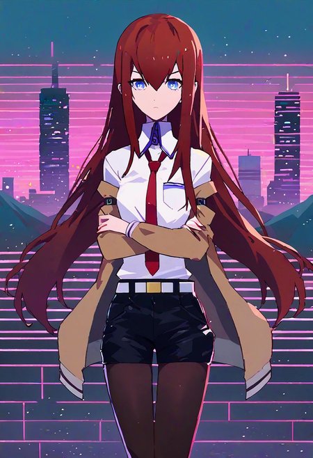 score_9, score_8_up, score_7_up, score_6_up, source_anime, mountainous horizon, sunset, neon lights, cityscape, 1girl, looking at viewer, neon trim, MinimalStyle, retrowave, ((Makise_Kurisu)), brown jacket, off shoulder, white shirt, red necktie, black shorts, pantyhose, legwear under shorts, white belt, makise kurisu, blue eyes, crossed arms