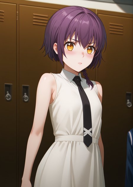 score_9, score_8_up, score_7_up, score_6_up,  rating_explicit, source_anime, cinematic shadow, cinematic light, cute and sensitive, soft skin,  characters focus, detailed eyes, detailed skins,   <lora:Sakurai_Minami:1>, minami, yellow eyes,purple hair, short hair,single braid,eyebrows visible through hair, bang,small breasts, body blush, <lora:StS_detail_slider_v1:2> , <lora:StS_age_slider_v1_initial_release:-1>, school uniform, (sleeveless white dress:1.4), black necktie, long dress,blush, undressing, locker room, arm up, armpit,