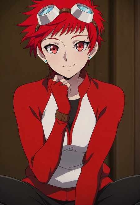 masterpiece, best quality, very aesthetic, 

1girl, solo,

Ximena Victoria, short hair, red hair, red eyes, earrings, stud earrings,

jacket, goggles on head, fingerless gloves, pants,

Smile, looking at viewer,

Close-up,

Anime coloring,



