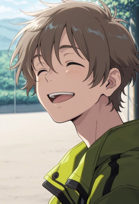 masterpiece,best quality,amazing quality, source_anime, 
shunhashimoto, 1boy, male focus, solo, closed eyes, brown hair, green jacket, smile, open mouth, outdoor, portrait,